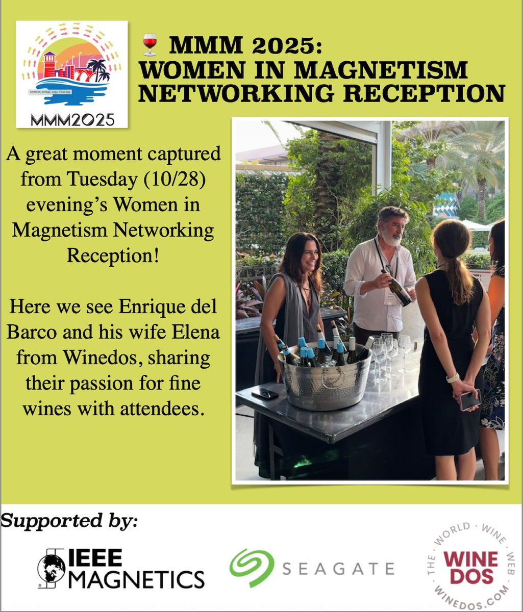 🍷 #MMM2025 Women in Magnetism Reception

A great shot of Enrique del Barco and his wife Elena from Winedos, pouring Spanish wines during Tuesday’s networking event. An inspiring evening celebrating connection and community in magnetism!

#WomenInMagnetism #IEEEMagSoc  #Winedos