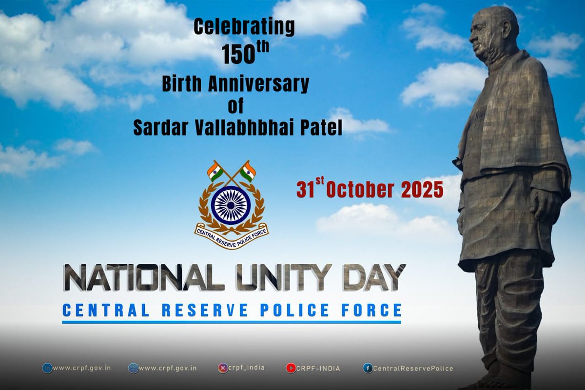 crpfindia's tweet photo. On the auspicious occasion of #NationalUnityDay2025, the CRPF family, led by DG, Shri @gpsinghips, extends heartfelt greetings.

Our resolve to safeguard the unity and integrity of the nation remains absolute.
​#NationFirst
#Vandematram150
@PMOIndia 
@HMOIndia 
@PIBHomeAffairs https://t.co/P79wUQ7mGi