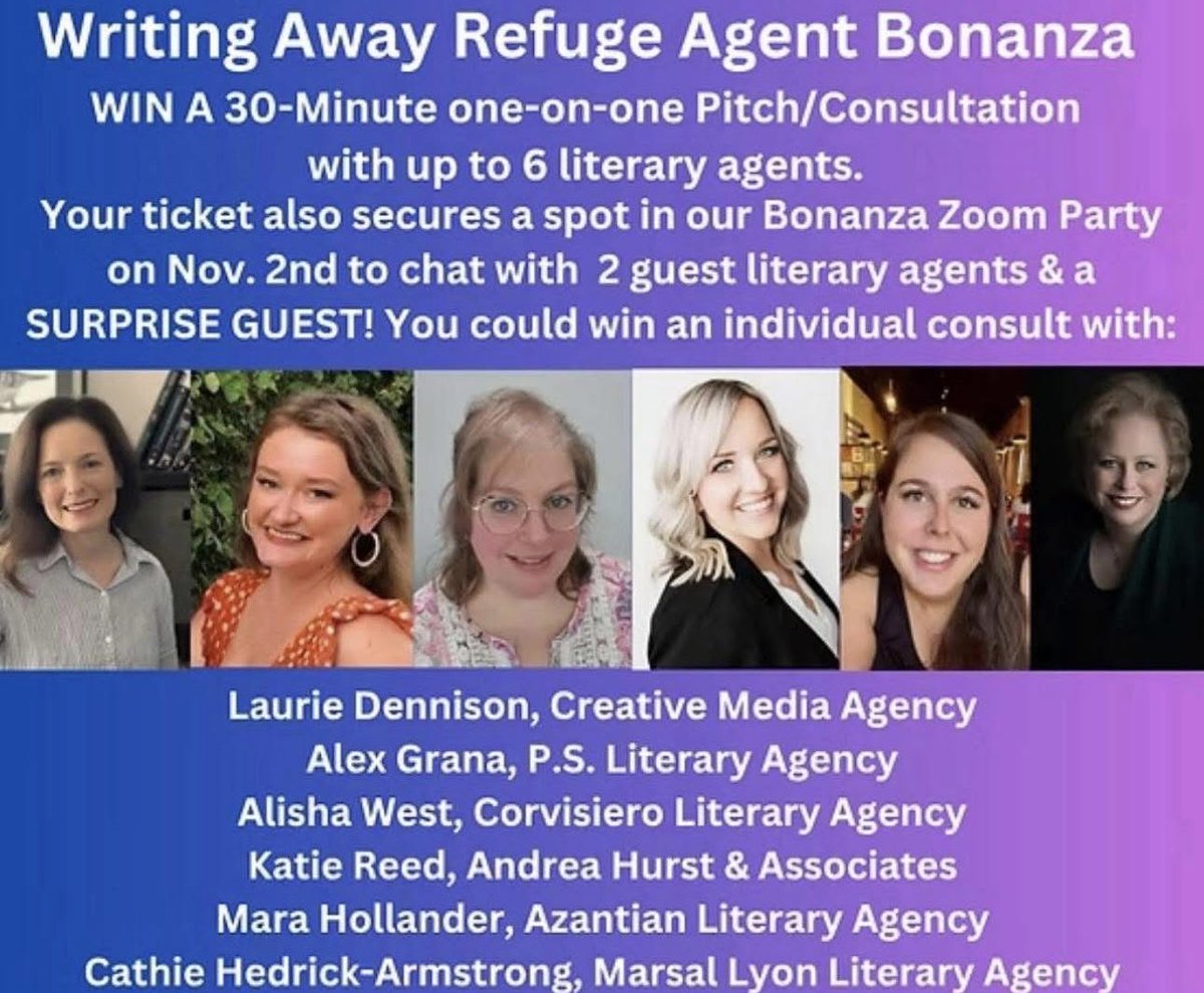 Our Writing Away Refuge Agent Bonanza! Win a 30-min. consult w/up to 6 lit agents. Every $5 ticket holder joins our Bonanza Zoom Party Nov. 2. Guest lit agents will be there to chat! #writingawayrefuge #writingcommunity #amquerying #writerslife #amwriting

writingawayrefuge.com/about-1