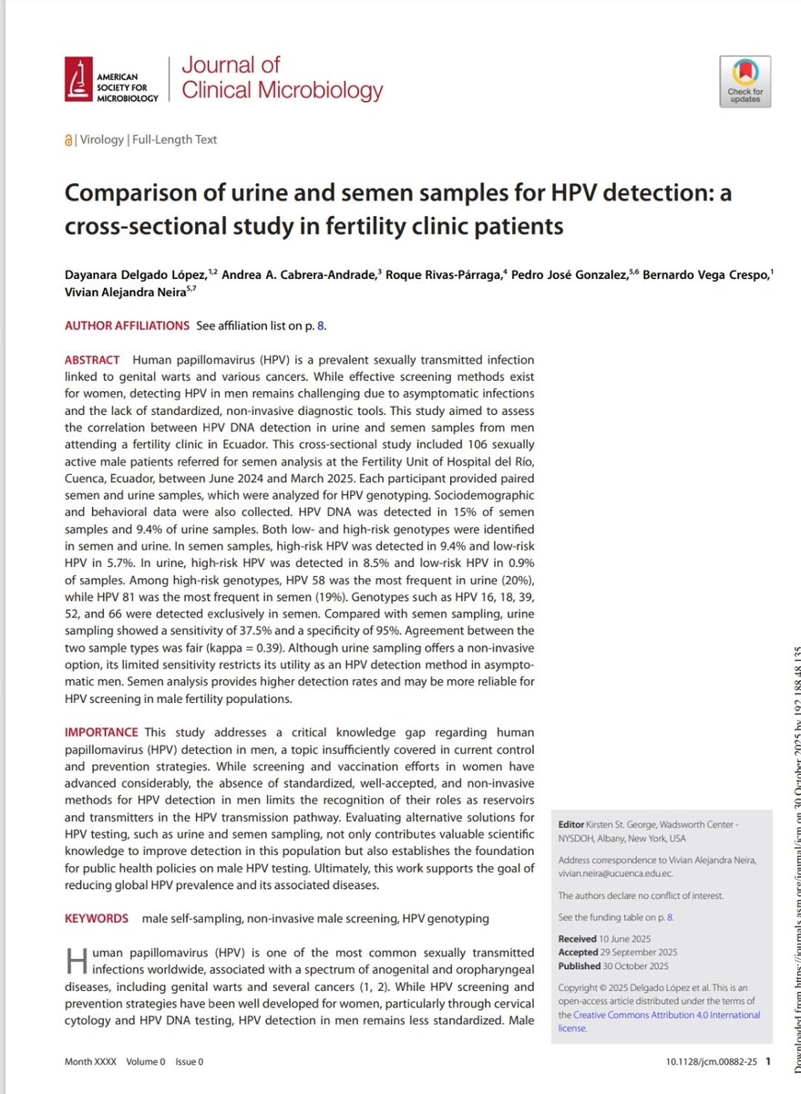 El virus del papiloma humano puede ser detectado en la orina y el líquido seminal del varon. Esta es menos invasiva que el hisopado uretral.
Les invitamos a leer el nuevo artículo de nuestro proyecto de investigacion 
Lik al artículo completo aquí 👇👇👇👇
journals.asm.org/doi/epub/10.11…