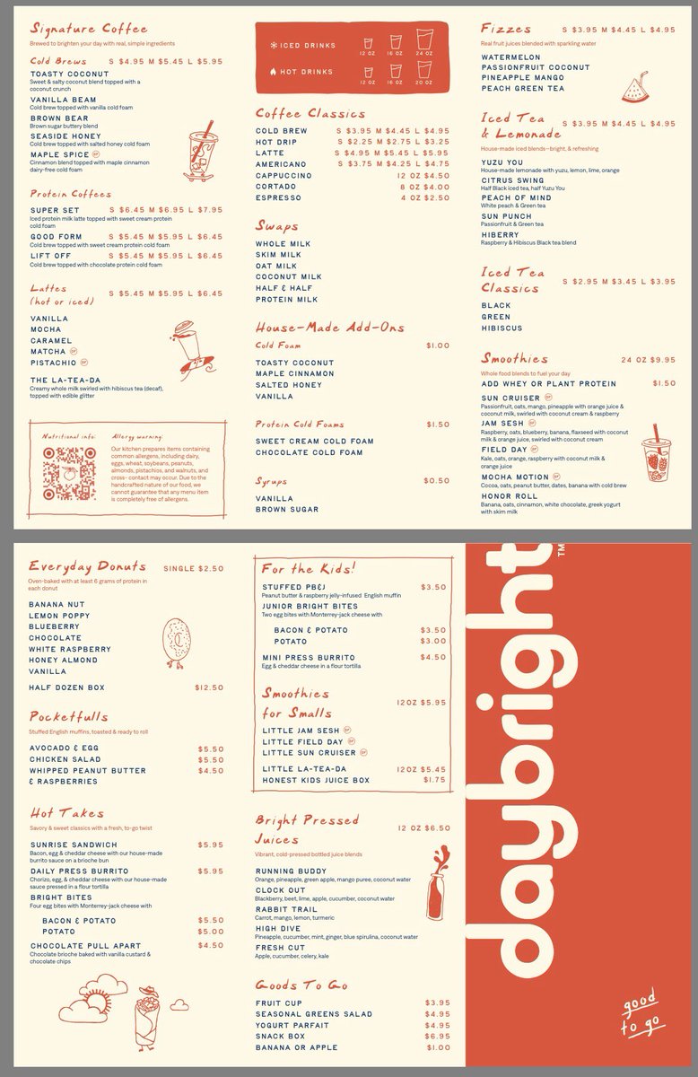 Daybright menu dropped: observation 

This is an 10x upscale Dunkin, a direct competitor to <a href="/Starbucks/">Starbucks</a> and a fast casual format of <a href="/First_Watch/">First Watch</a>. 

Cold press juices, protein cold foam, baked donuts, plant based milks, cold brew and $10 real fruit smoothies. 

I think they did a
