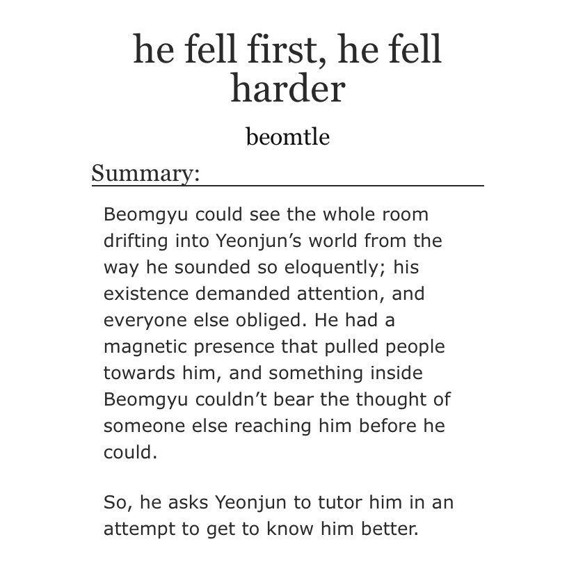 beomtle's tweet image. he fell first, he fell harder

⟢ 20.4k words ⸝⸝ beomjun
⟢ fluff, mutual pining, friends to lovers
⟢ ao3.org/works/73283031