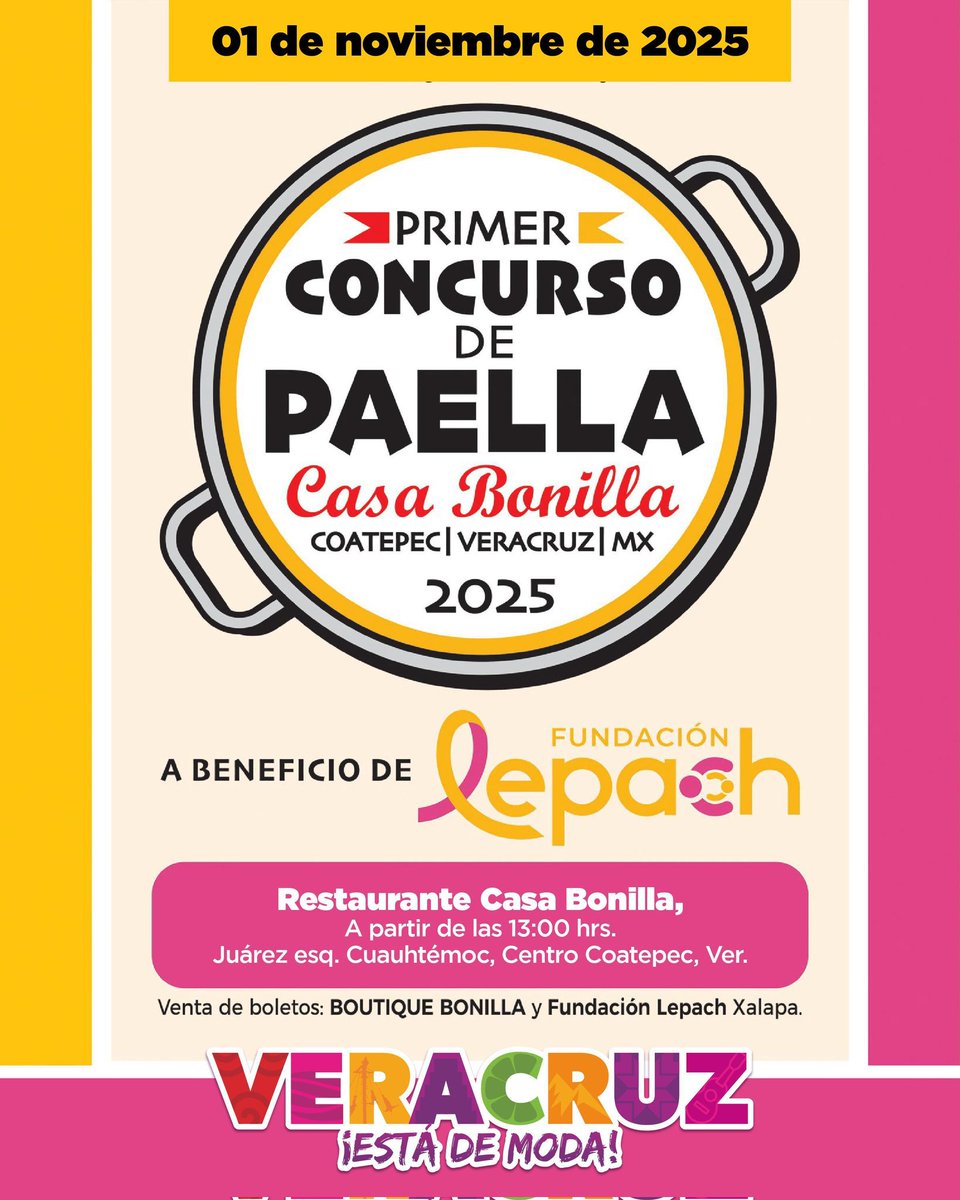 🥘 ¡Vive el sabor y la tradición en Coatepec! 💫

Primer Concurso de Paella Casa Bonilla 2025: gastronomía, cultura y solidaridad en un solo evento.

📅 1 nov | ⏰ 13:00 h
📍 Casa Bonilla, Coatepec, Ver.

#VeracruzEstáDeModa ✨