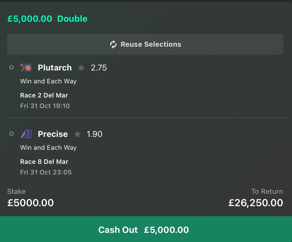 BREEDERS’ CUP DAY 1 NAP DOUBLE – 5.25💥
19:10 Del Mar – Plutarch 🏇
23:05 Del Mar – Precise 👑

Plutarch (19:10 Del Mar) 🏇

It’s time for Plutarch to turn potential into profit – and under Bob Baffert, that usually doesn’t take long 💣. The son of American Pharoah (how fitting)