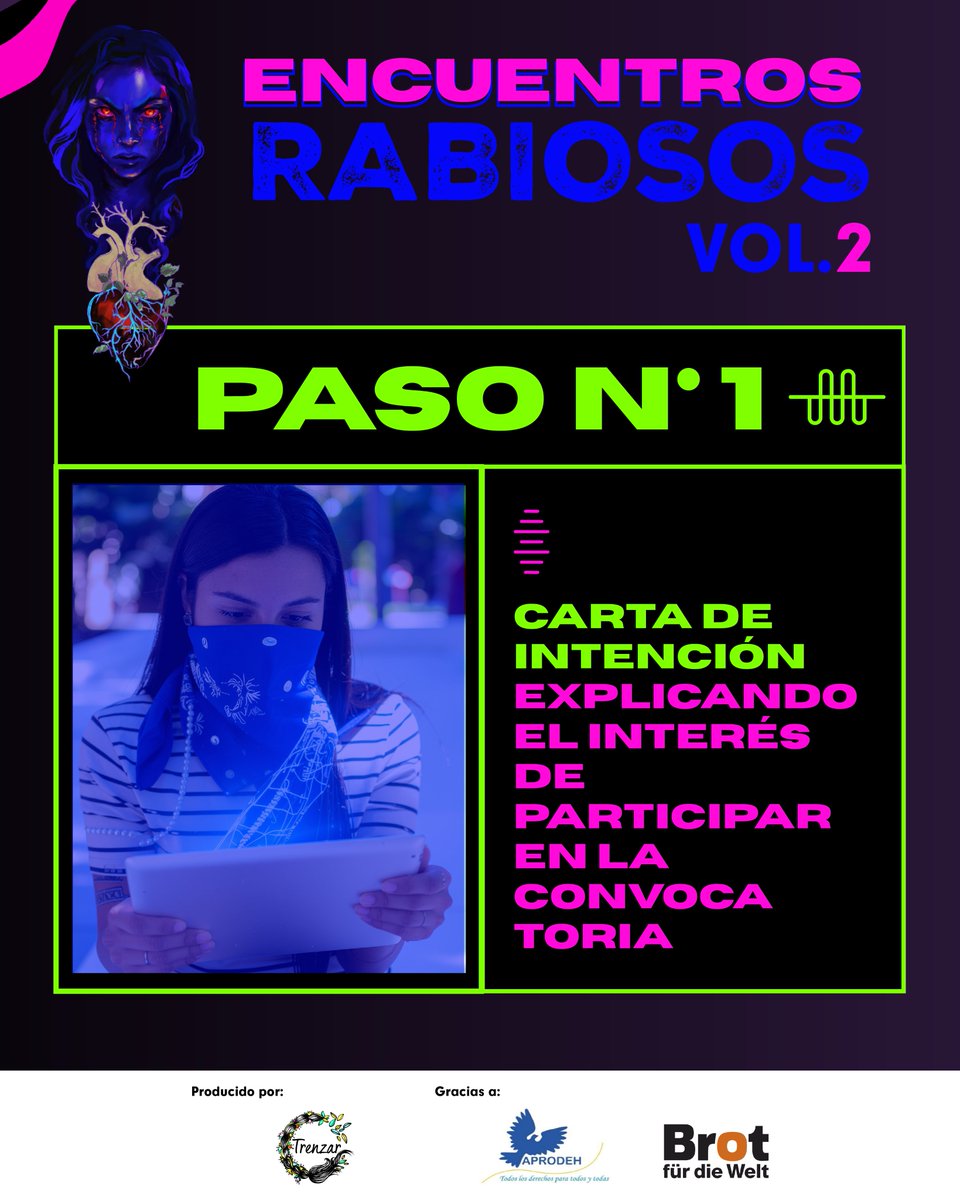 TrenzarPeru's tweet photo. Encuentros Rabiosos Vol. 2: Misma expresión, nueva interfaz.🌐

Postula hasta el 06/11 – 11 p.m. enviando:
1️⃣ Carta de intención
2️⃣ Idea rabiosx artivista
3️⃣ Carta de presentación

📩 naomimoreno@trenzar.com.pe (cc: micaelatavara@trenzar.com.pe)

#trenzar #artivismo #cultura https://t.co/yVEyBFvKt8