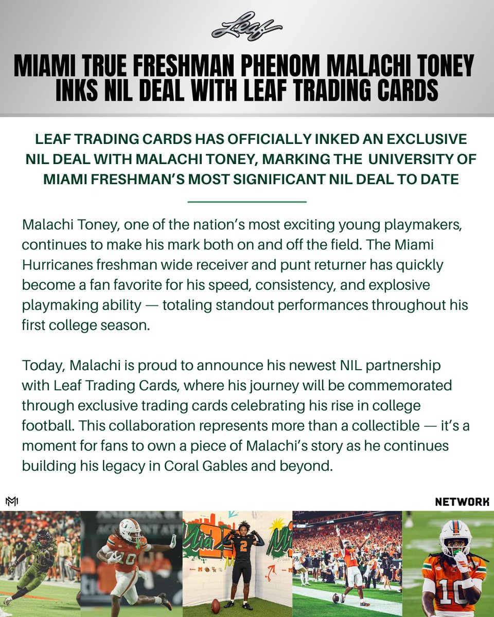 TheNetworkAdvsr's tweet image. 🚨 BREAKING: University of Miami freshman phenom Malachi Toney has inked an exclusive NIL deal with @Leaf_Cards ! 

The deal is @malachitoney2’s most significant one to date, and is an exciting next step in his career.
