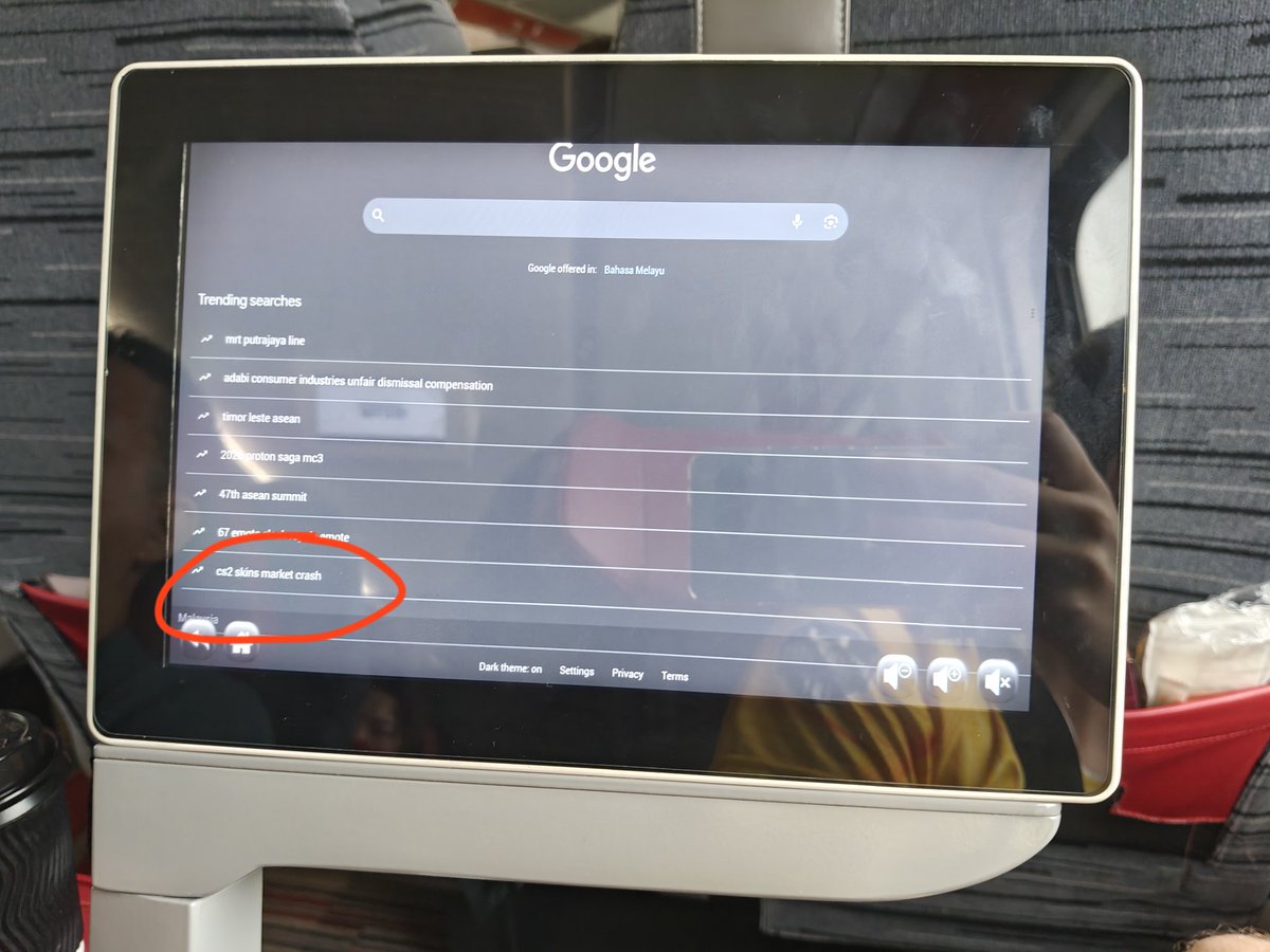 On the train in Malaysia right now. Wanted to check out what this system can do.
&gt; Clicked on internet 
&gt; Google opens: Trending searches 
&gt; CS2 skins market crash
Can't even travel in peace...