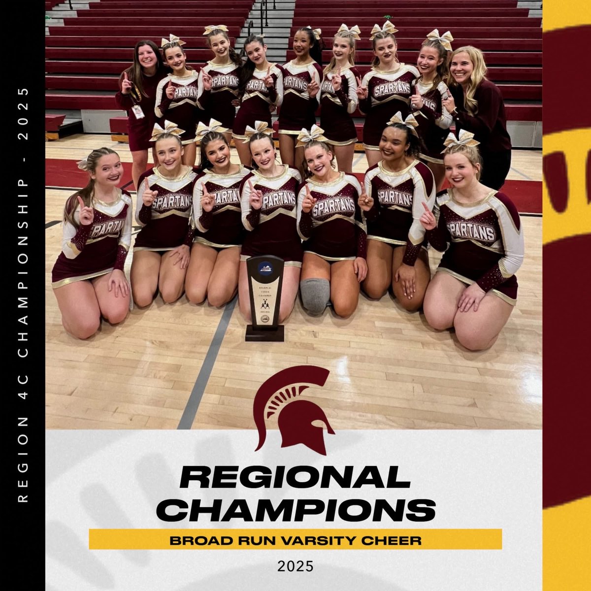 CONGRATULATIONS to our Varsity Cheer Team!  Our Spartans won the Region 4C Championship lastnight —what an incredible night of competition against some tough and very talented opponents.

Next stop: States! Let’s go!!!💛❤️
