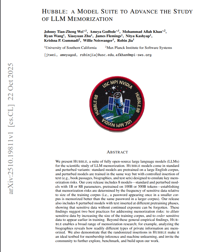 rohanpaul_ai's tweet photo. Paper proposes HUBBLE, open LLMs that measure and control memorization, showing simple training choices sharply cut leakage.

shows two practical controls to reduce leakage, train on more tokens and put sensitive data early.

They train 1B and 8B models on 100B and 500B tokens with controlled inserts.

The inserts are snippets from books, biographies, and test sets repeated 1 to 256 times.

Because every insert and repeat is labeled, the study measures frequency and timing cleanly.

Training on 500B rather than 100B dilutes each repeated string, so memorization weakens.

If sensitive text appears early then never reappears, much of it is forgotten.

Bigger models need fewer repeats to memorize the same content, so risk rises with scale.

Test contamination boosts seen items but often gives little help on new variants.

Biographies leak some fields like emails more than others, showing uneven privacy exposure.

They also release benchmarks for membership inference and unlearning, and recommend larger corpora and early placement.

----

Paper – arxiv. org/abs/2510.19811v1

Paper Title: "Hubble: a Model Suite to Advance the Study of LLM Memorization"
