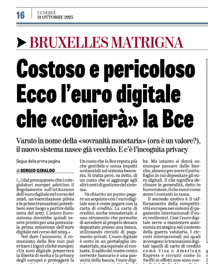 La BCE annuncia l'arrivo dell'euro digitale. L'ossimoro del contante immateriale ha più lati preoccupanti che utili.
Oggi su <a href="/LaVeritaWeb/">La Verità</a>.