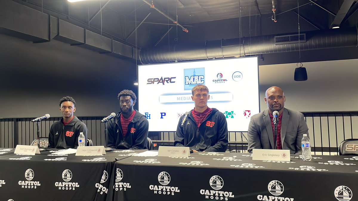 CapitolHoops's tweet image. Defending MAC champion @SidwellMBB takes the podium as the final team to speak at the first-ever MAC Media Day.

Coach Singletary is joined by Jalyn 
Collingwood (@ja1yn_), Jadah Washington (@Jadah_Wash), and Ian Condon (@IanCondon2027).
