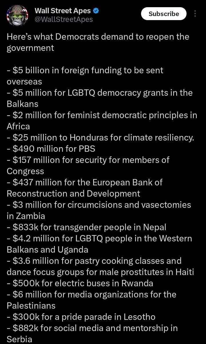 ThomasCamp_MAGA's tweet image. #SchumerShutdown is now in Day 30. There has been 13 Separate Votes in the Senate to Pass the CR to fund the Government. The #DemoRats have voted 13 times to keep the Government closed. The #DemoRats are #Sick. Schumer&apos;s is holding the CR hostage because he&apos;s demanding $1.5T in…