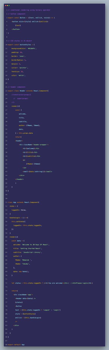 mubaraqabba's tweet image. React Conditional Rendering with Ternary Operators
ternary operators provide concise conditional rendering syntax enabling inline jsx decisions within component return statements
dynamic content rendering occurs through ternary conditions that evaluate state values to determine…