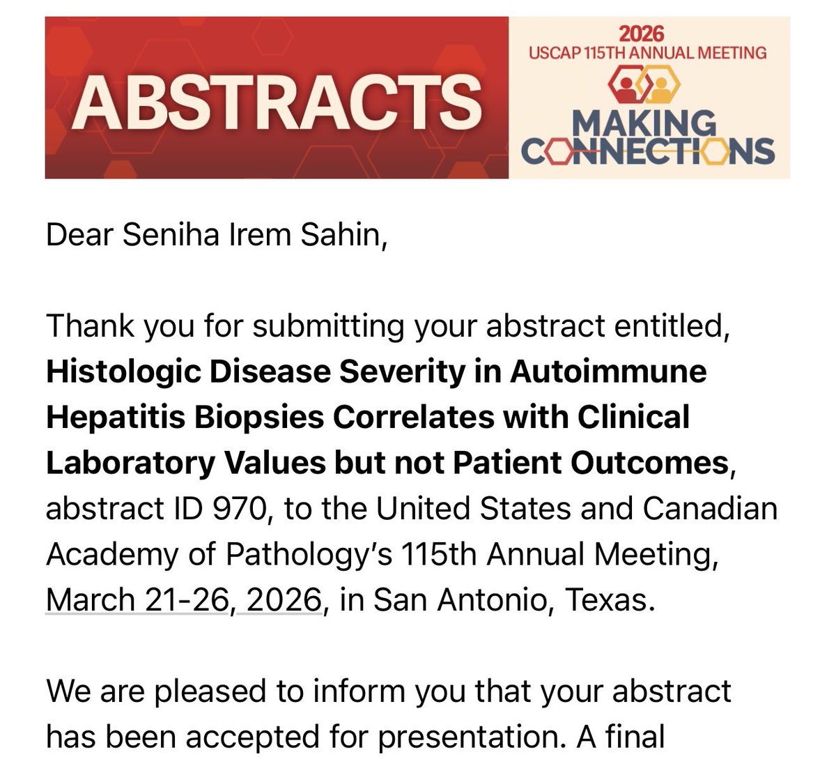 mdiremsahin's tweet photo. Excited and humbled to share that three of my first-author abstracts were accepted for #USCAP2026! See you all in San Antonio! 🤩 @TheUSCAP @EmoryPathology https://t.co/DEjmAp4617