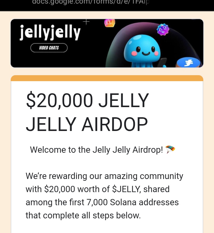 Earn from $20,000 Airdrop 

<a href="/Jellyjellyonsol/">Jelly Jelly</a> is given out $20k to it's community 

Repost this
Follow <a href="/Jellyjellyonsol/">Jelly Jelly</a> 

Apply 👇 
docs.google.com/forms/d/e/1FAI…