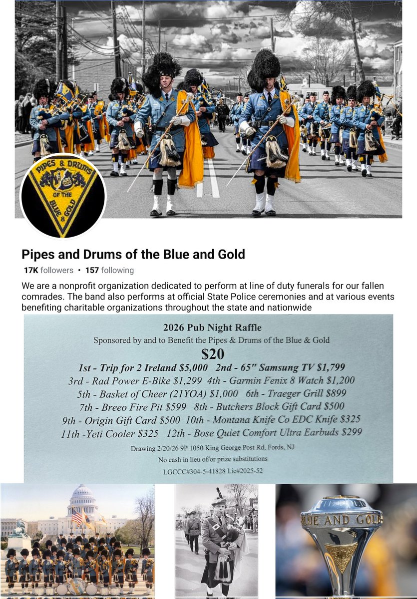 Please #Support #PipesAndDrumOfTheBlueAndGold #PubNightRaffle2026 Celebrating #40Years $20 Raffles are on Sale. 12 great prizes. More raffles = more chances to win. Please let me know if you are interested. 😀