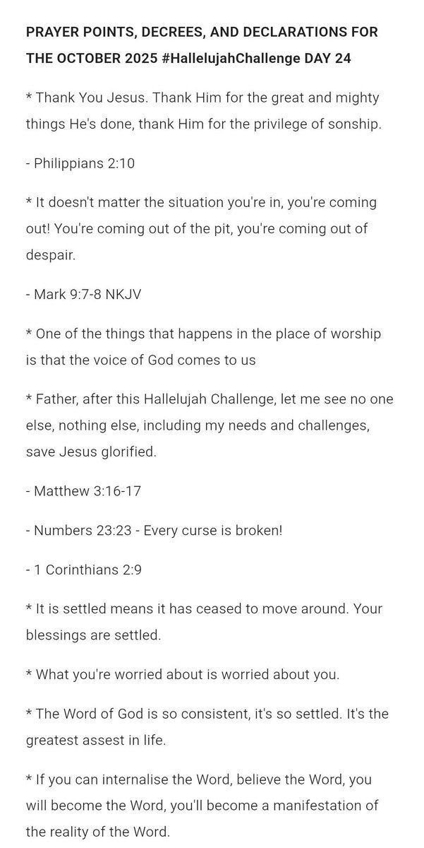 TosinofJesus's tweet photo. PRAYER POINTS, DECREES, AND DECLARATIONS FOR THE OCTOBER 2025 #HallelujahChallenge DAY 24

#HallelujahChallenge2025
#HallelujahChallengeOCT2025 https://t.co/Zyj5JANwW5