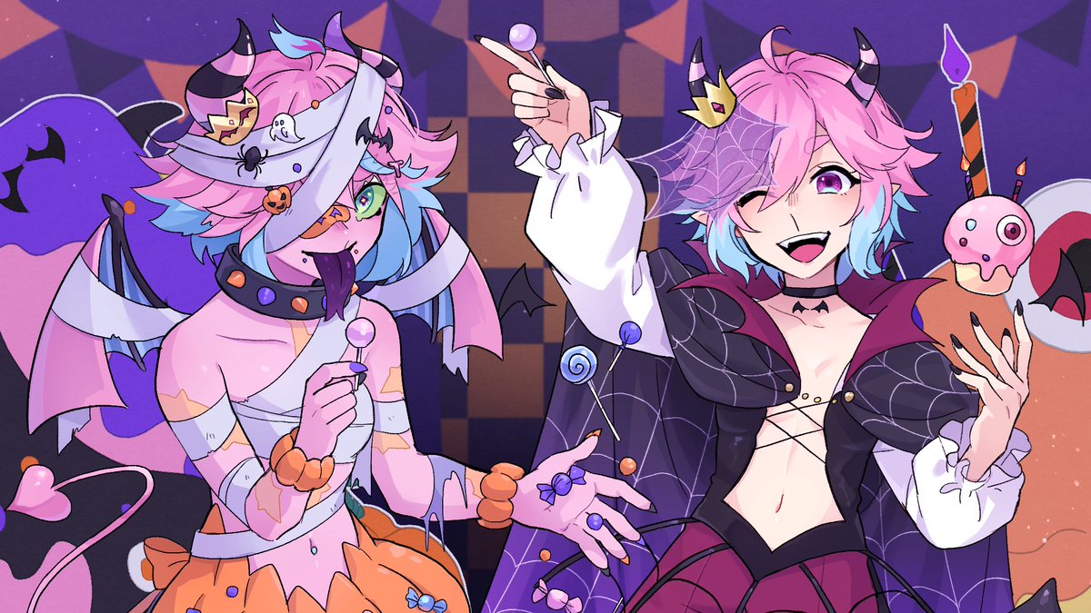 TaiyoDevil's tweet photo. To celebrate my birthday tomorrow (Halloween)
I'm posting some unreleased artwork that I commed for a "Happy Halloween" cover mv years ago. Maybe one day I'll actually do it, but I'm tired of letting the artwork go unposted. 

Maybe I'll either do karaoke tomorrow night after work or play Misery with some friends on stream.

It's odd that I don't ever truly celebrate my birthday on the actual day anymore, maybe it's just the fact it's a holiday birthday. It's a little different from other holiday birthdays though because when I was young it was easy to celebrate with everyone, but as I came into adult life it got harder and harder. It's an odd feeling of becoming indifferent towards your own birthday 😂
#taiyoartsu