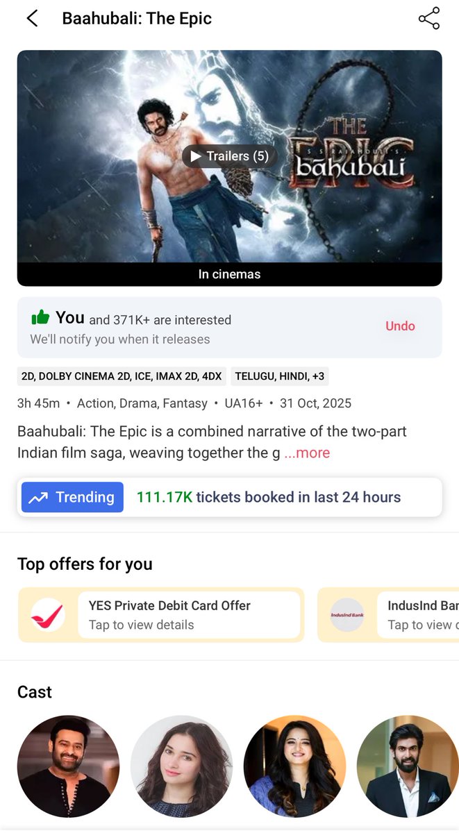 Pradeep5130's tweet photo. Record Alerts 🚨 🚨‼️ #BahubaliTheEpic 

25 Oct- 61.04K
26 Oct- 26.16K
27 Oct- 33.68K
28 Oct- 52.58K
29 Oct- 72.65K
30 Oct- 111.17K

Highest tickets booked in BMS #Prabhas‌ https://t.co/u8IBxAbxCH