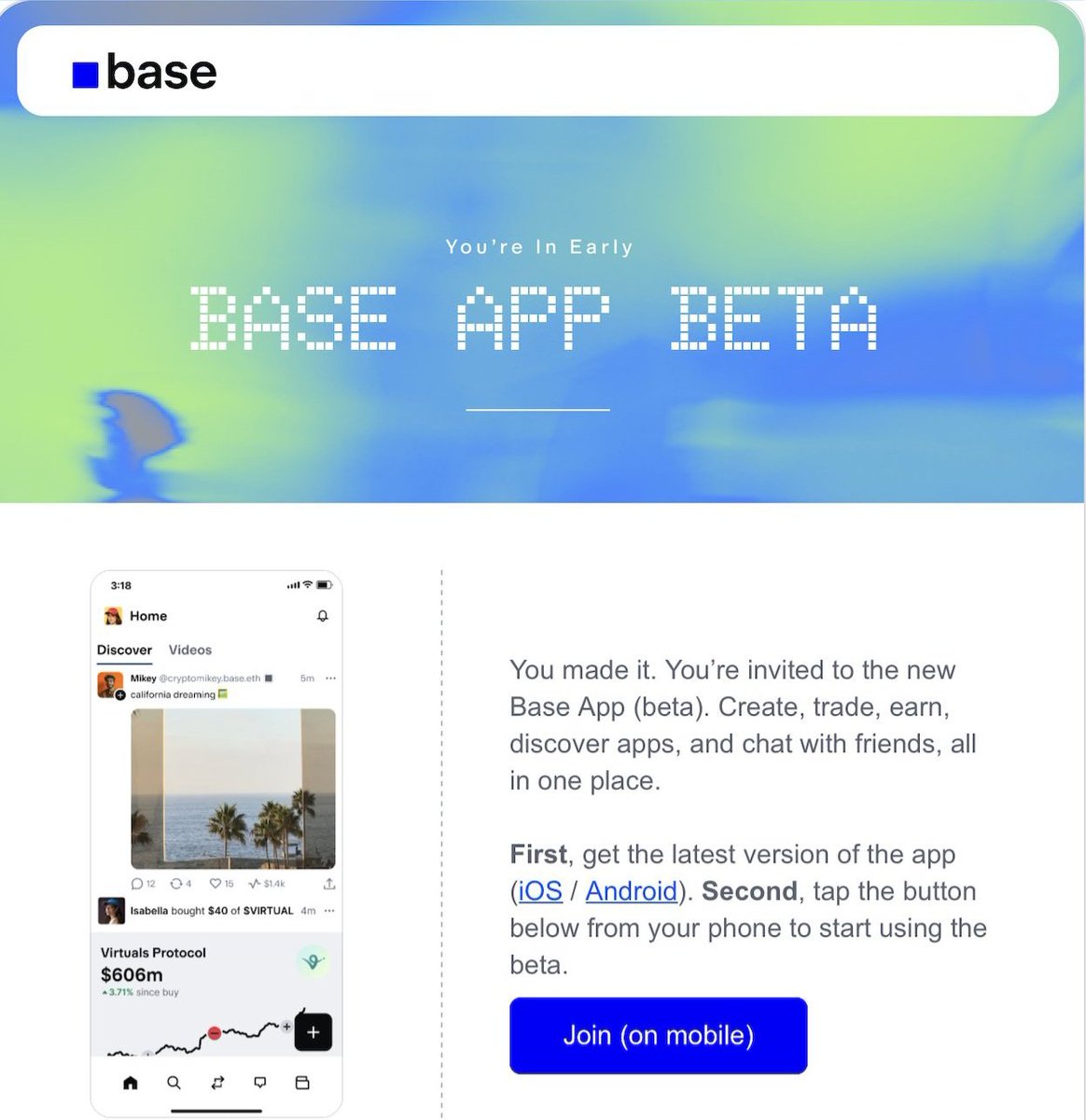 Just got onboarded to <a href="/baseapp/">Base App</a> , huge thanks to @0xsantosa for the invite 🙏

I've got 1 more invite left, and I want to give it to someone who's actually active in Web3 and curious to explore Base (could this be the next big thing?)

Wanna join? Here's how 👇
1️⃣ Follow me &amp;