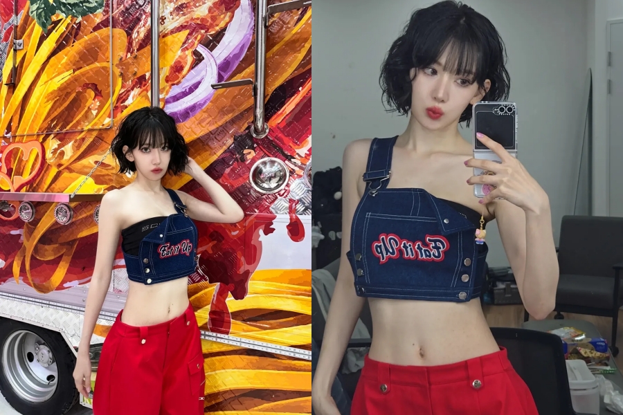 LE SSERAFIMサクラ、ワンショルダーのクロップドトップス姿できゃしゃ