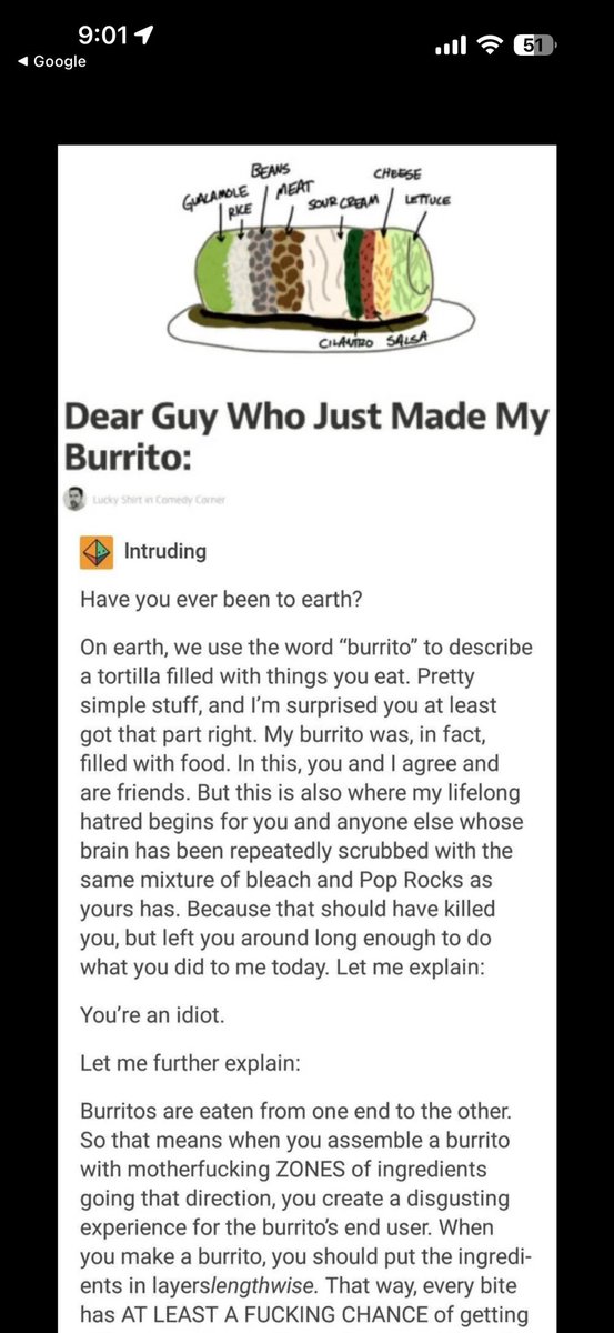 population_e's tweet image. My burrito this evening was built vertically instead of horizontally. As I make my way through layers of ingredients, I am reminded of this absolute gem of a post.