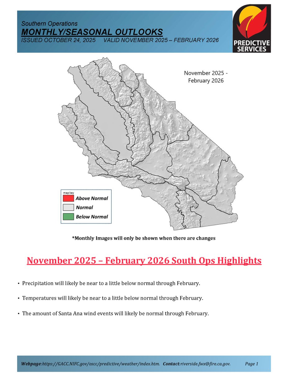 JhawkFire's tweet photo. 1/2 #SoOpsPredServices #Wildfire #Assessment_Outlook Nov2025 to Feb2026 #FireWeather #FireFuels #FireBehavior assessment.pdf @NWSLosAngeles @NWSSanDiego @NWSSPC @NWS_IMET_OPS @RichIMET https://t.co/j6hJFi2Dp1