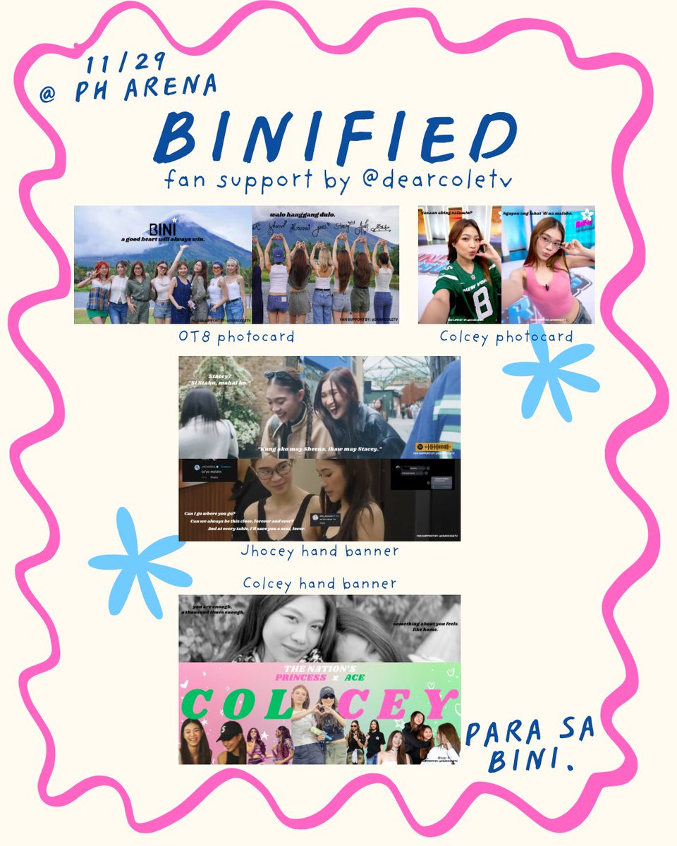 dearcoletv's tweet photo. ✨ BINIFIED FAN SUPPORT by @dearcoletv ✨

🌟 mbf, like, &amp; rt (show proof)
🌟 1:1 random - limited qty!
🌟 open for on the spot trades

29 days to go! See you, blooms! Sana mahanap niyo ako at ang mga freebies ko HEHEHE 🥳

#BINIFIED #BINI #BINIfiedPHArena
#colcey #jhocey https://t.co/UfcWY9TudK