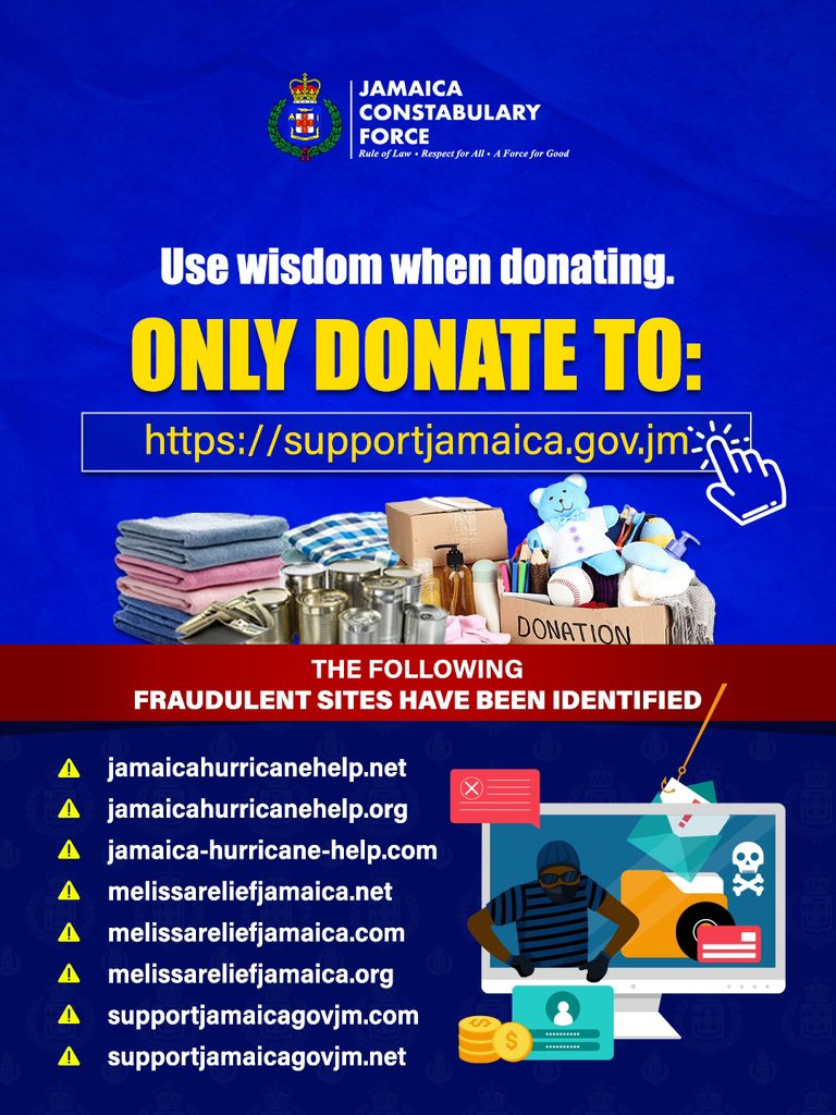 🚫 Scammers don’t take a break, not even after a hurricane. 

Donate smart. Verify before you give.

Use this information to give supportjamaica.gov.jm

Link in stories. 

#TrackingHurricaneMelissa
#AForce4Good