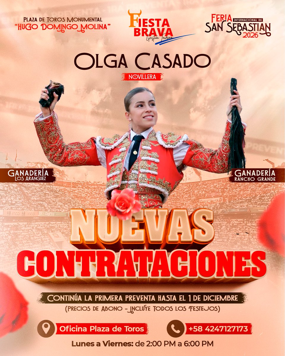 La novillera #OlgaCasado sensación de la temporada y rotunda promesa del toreo estará presente en la Feria Gigante de América 2026,San Cristóbal y su feria esta lista para recibir a propios y visitantes en lo que será un gran acontecimiento social y cultural para nuestra Ciudad.