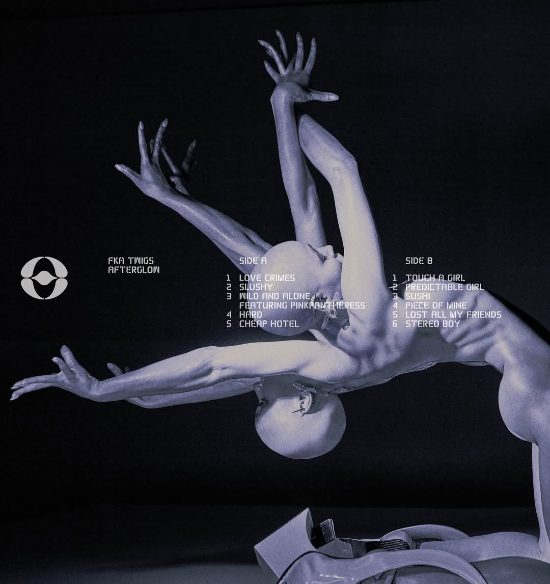 fka twigs has revealed the track list for her upcoming album ‘eusexua afterglow’

1. love crimes
2. slushy
3. wild and alone (ft. pinkpantheress)
4. hard
5. cheap hotel
6. touch a girl
7. predictable girl
8. sushi
9. piece of mine
10. lost all my friends
11. stereo boy