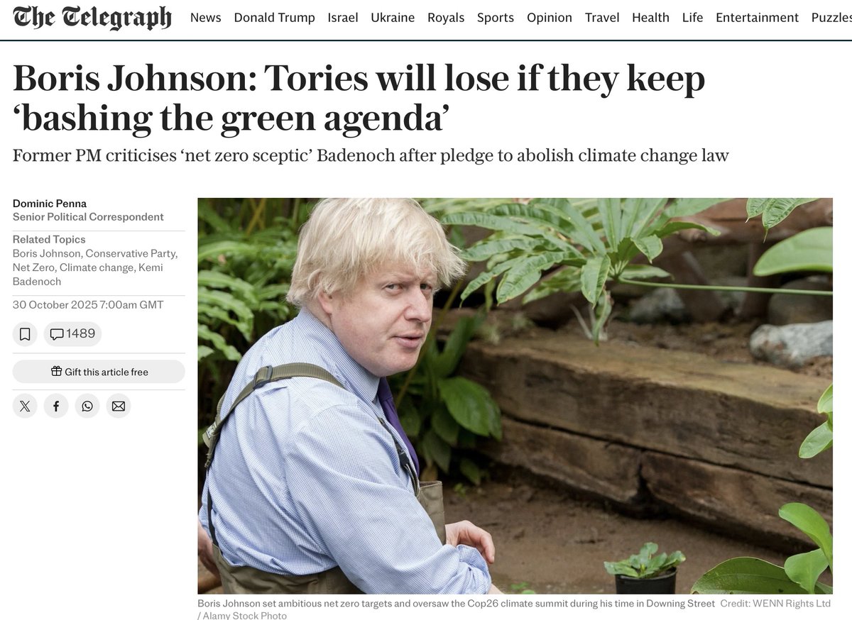 Former UK PM <a href="/BorisJohnson/">Boris Johnson</a>'s goofy wife <a href="/carrielbjohnson/">Carrie Johnson</a> makes him do embarrassing things on climate:

"The Conservatives will lose the next election if they keep 'bashing the green agenda', Boris Johnson has claimed." telegraph.co.uk/politics/2025/…

As it turns out, only 17% of Brits