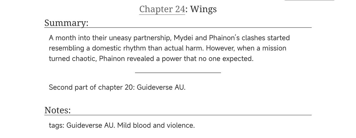 #phaidei #PhaiDeitober2025 

Day 23: Sunset.
Tags: Idol!Phainon × Wildlife Ranger!Mydei part 2. Implied intercourse.
archiveofourown.org/works/71581171…

Day 24: Wings.
Tags: Guideverse AU part 2. Mild blood and violence.
archiveofourown.org/works/71581171…