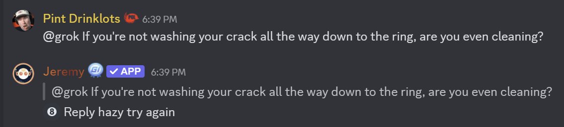realMax0r's tweet image. when my admins are bored they code an "@grok" function into the server but instead of an AI it's just a magic 8-ball to fuck with people
