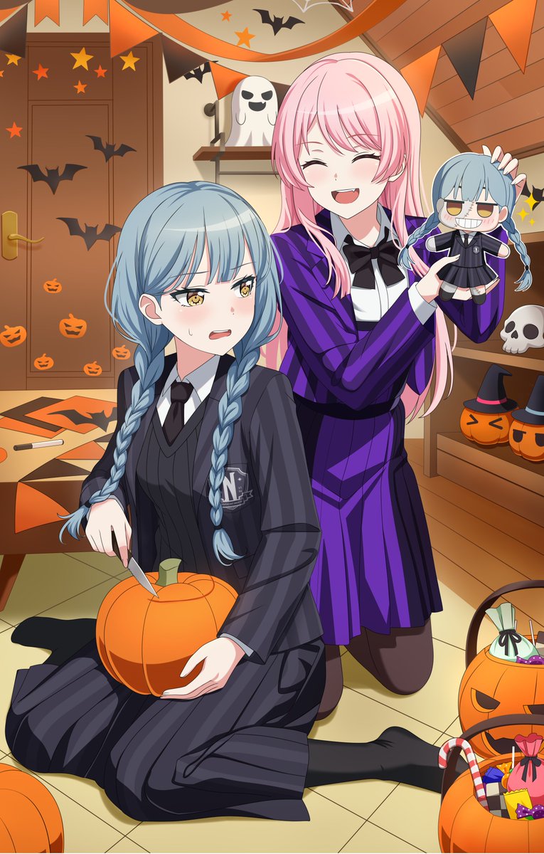 Happy Halloween ft. Anon and Saki!
Anon cosplaying as Enid Sinclair &amp; Sakiko as Wednesday.

Another commision by G,St.
#bandoriart #MyGO #AveMujica
