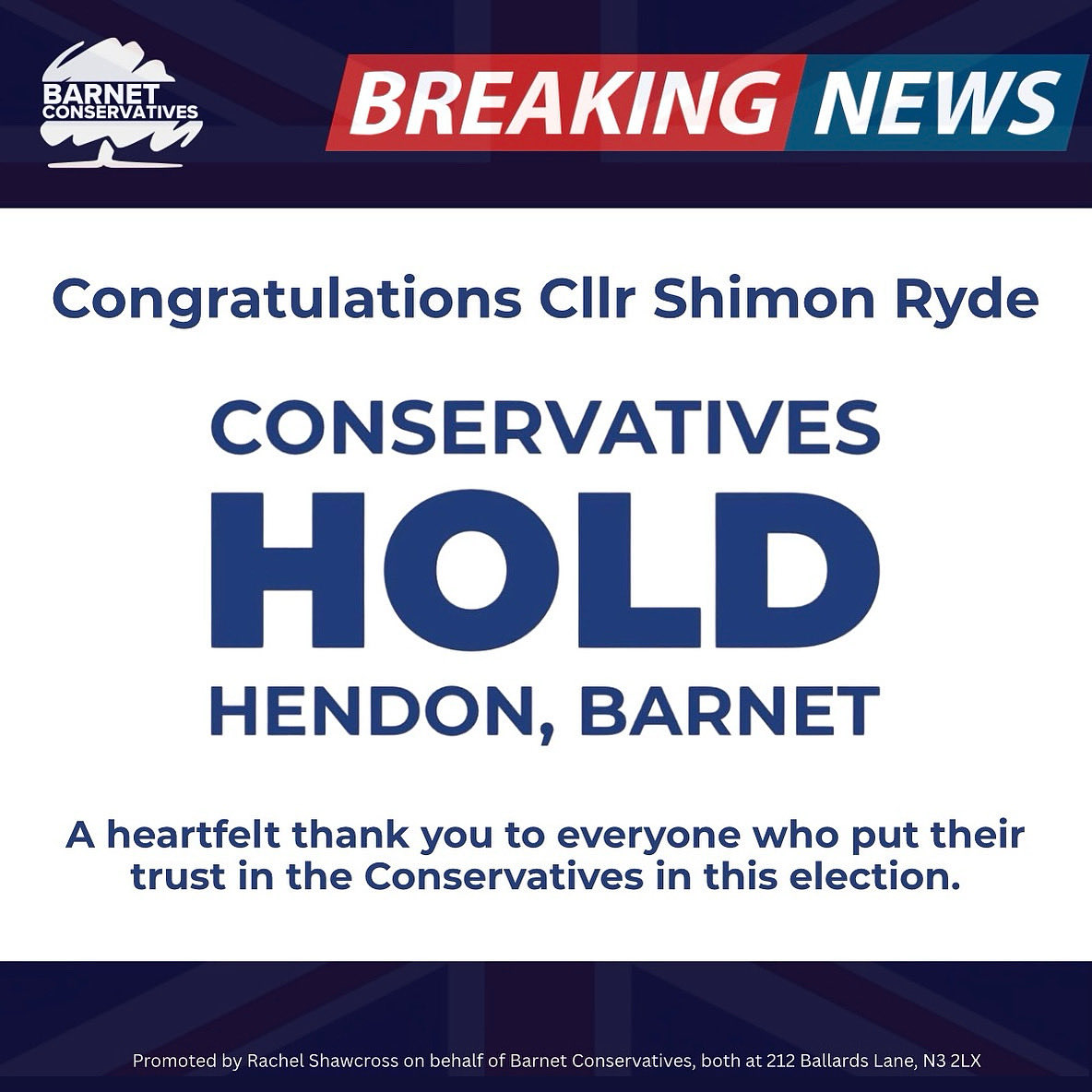 A heartfelt thank you to everyone who put their trust in Shimon Ryde and the Conservatives in this election. We look forward to continuing to serve our community!