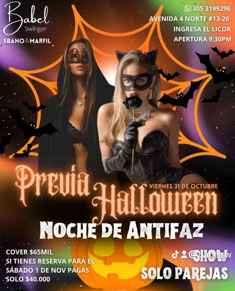 BabelSw's tweet photo. Viernes 31 de octubre
Exclusivo parejas
Nenas solas gratis
Ingresan licor
Show
Dj
Animación
Valor pareja 65 mil
Apertura 9 : 30 pm
@EbanoSw
@BabelSwinger
#djriko
#lanegra
#elcapi https://t.co/mn3ATb7Cmp