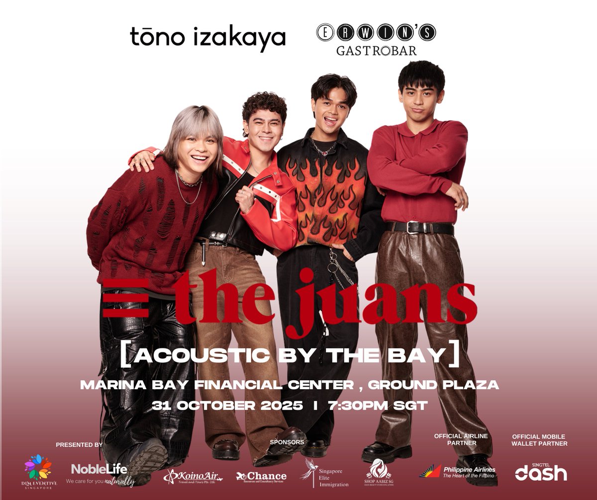 Catch The Juans tonight at Tono Izakaya, Marina Bay Financial Center as they perform a special acoustic snippet of their upcoming concert on Nov 16 🎶

Invite ur friends &amp; see <a href="/TheJuans_BAND/">The Juans</a> live for free!

TATAWID PATUNGONG SINGAPORE 
#TAWIDAlbumTour #TheJuans 
#TAWIDSingapore