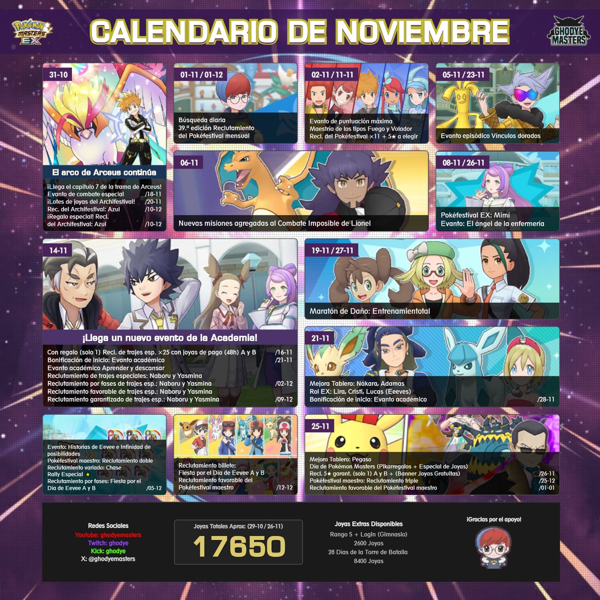 GhodyeMasters's tweet photo. 🇪🇸 CALENDARIO de NOVIEMBRE 🇬🇧 NOVEMBER CALENDAR

Nota: NO Incluye las joyas del Gym en rango S y login. / Gym Rank and Login are not included!

❤️ No olvides compartir y dejar un like 🔁 #ポケマスEX #PokemonMastersEX https://t.co/othcXurL1T