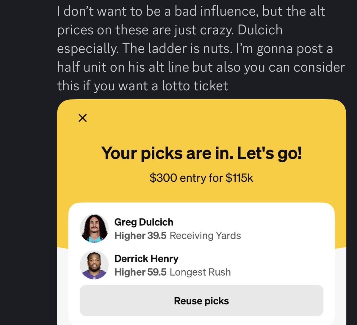 JustinMacmahan's tweet image. Alt lines on mispriced players are the most exploitable thing in the market. Dulcich’s prop was 5.5 yards, which is obviously a max bet on the over, but it’s the alt lines that offer so much value. The algorithm prices them based on the main line of 5.5, so 39.5 is almost +2000