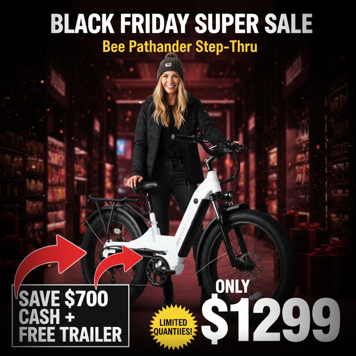 BeecoolBikes's tweet photo. 🥳Bee Pathfinder Step-Thru Black Friday Deal – Power, Comfort & Savings!
👍Get the Bee Pathfinder Step-Thru for just $1299 and enjoy a FREE trailer!
https://t.co/FFcNU4cLh7
#BeeCoolBikes #BlackFridayDeals #BeePathfinder #StepThruEBike #EBikeSale #ElectricBike #RideInComfort https://t.co/g2s0qSLtsK