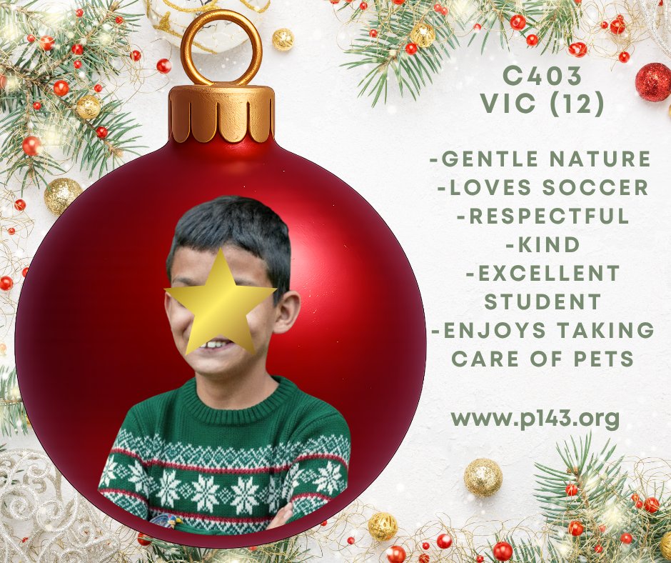 P143Org's tweet image. This winter, treasure the true gifts: hope and family!

C403 VIC (12) is a bright, thoughtful, and curious young boy with a heart full of dreams and a love for learning. 

To learn more about VIC, please register here to view the Photolisting: p143.org/pre-registrati…