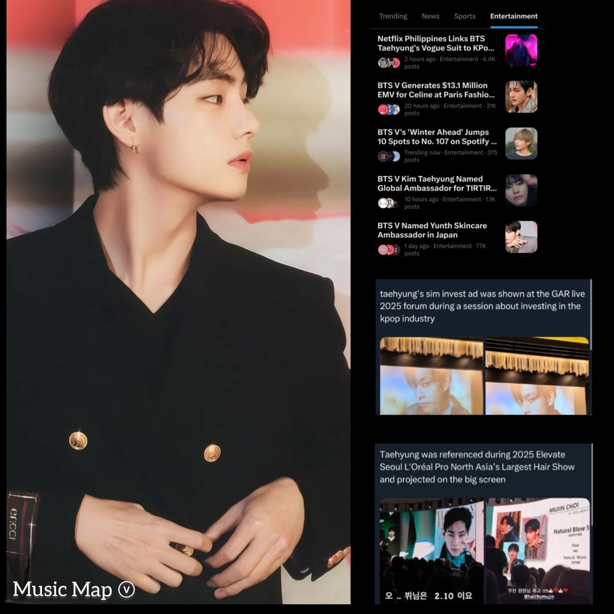 musicmapv's tweet photo. Daily mentions across different areas highlight the construction of a unique and powerful image ecosystem:

⋆. Musical and Chart Highlights
⋆. Economy and Finance
⋆. Fashion and Luxury Branding
⋆. Global Ambassador and Outreach Strategy

Kim Taehyung is undeniably creating his own space and excelling in his various facets. His presence and mentions in Entertainment, Music, Business, Investment, and Fashion and Beauty establish him as a trendsetting artist who drives conversation and commerce on a large scale.

Taehyung has become a multifaceted reference and a phenomenon with impact in various sectors, actively influencing with every move, acting as a strategic genius in building his image and reach.

KIM TAEHYUNG
A NAME, A BRAND
#Taehyung #V
