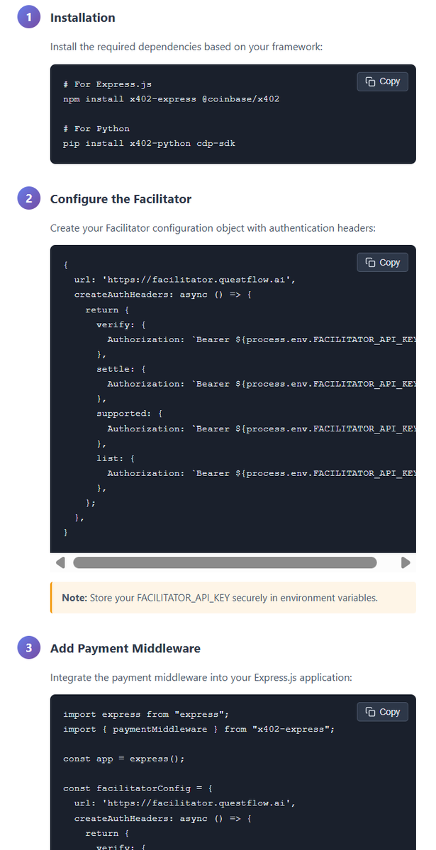 Move fast. Our free Facilitator API key: "sk_user_0bf0143e26e734f8f3eadfd6e3d8d391"
, Anyone can use it. If you want to get more support, please check this doc and apply the form.
facilitator.questflow.ai