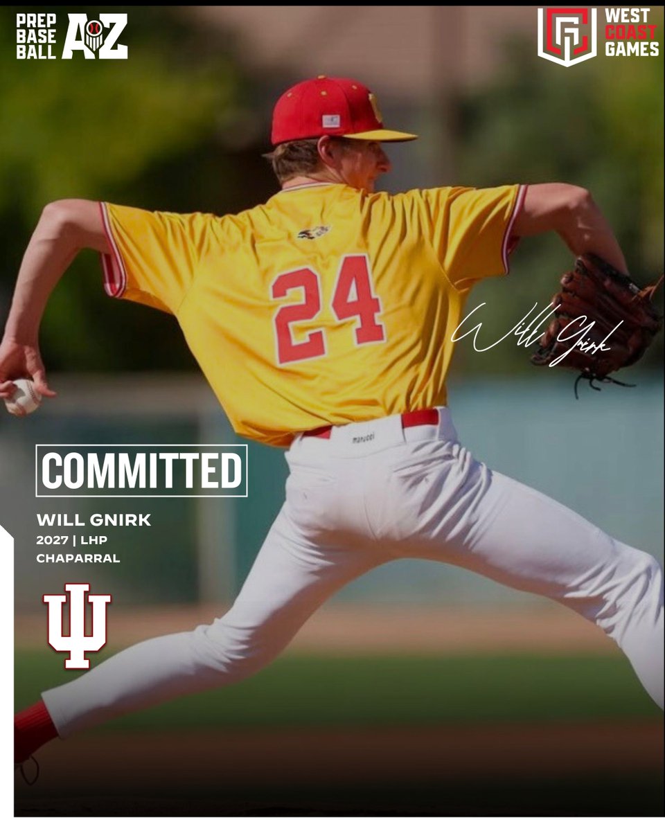 PrepBaseballAZ's tweet image. 🚨 𝐂𝐎𝐌𝐌𝐈𝐓𝐌𝐄𝐍𝐓 𝐀𝐋𝐄𝐑𝐓 🚨

&apos;27 Will Gnirk has announced his commitment to Indiana University ‼️

5th #PBWCG25 attendee from Team AZ off the board. Congratulations, Will 👊. #beseen.

𝐏𝐥𝐚𝐲𝐞𝐫 𝐏𝐫𝐨𝐟𝐢𝐥𝐞 ➡️: loom.ly/B_KmVWc
𝐂𝐨𝐦𝐦𝐢𝐭𝐦𝐞𝐧𝐭…