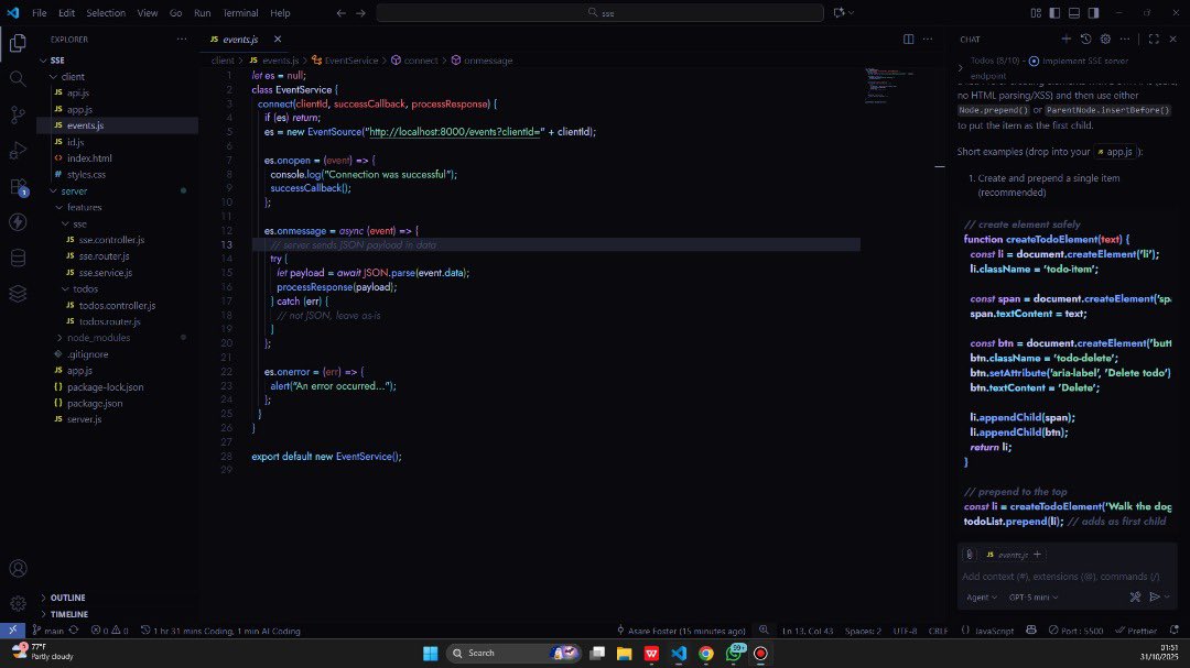 fostersoasare's tweet image. It’s been long since I wrote vanilla Js. 
Created a simple todo app that use server sent events and HTTP. I used HTTP to push updates and SSE to send those to other clients . Yes I could have used websockets but I wanted to see how SSEs work. 
github.com/FosterSOAsare/…