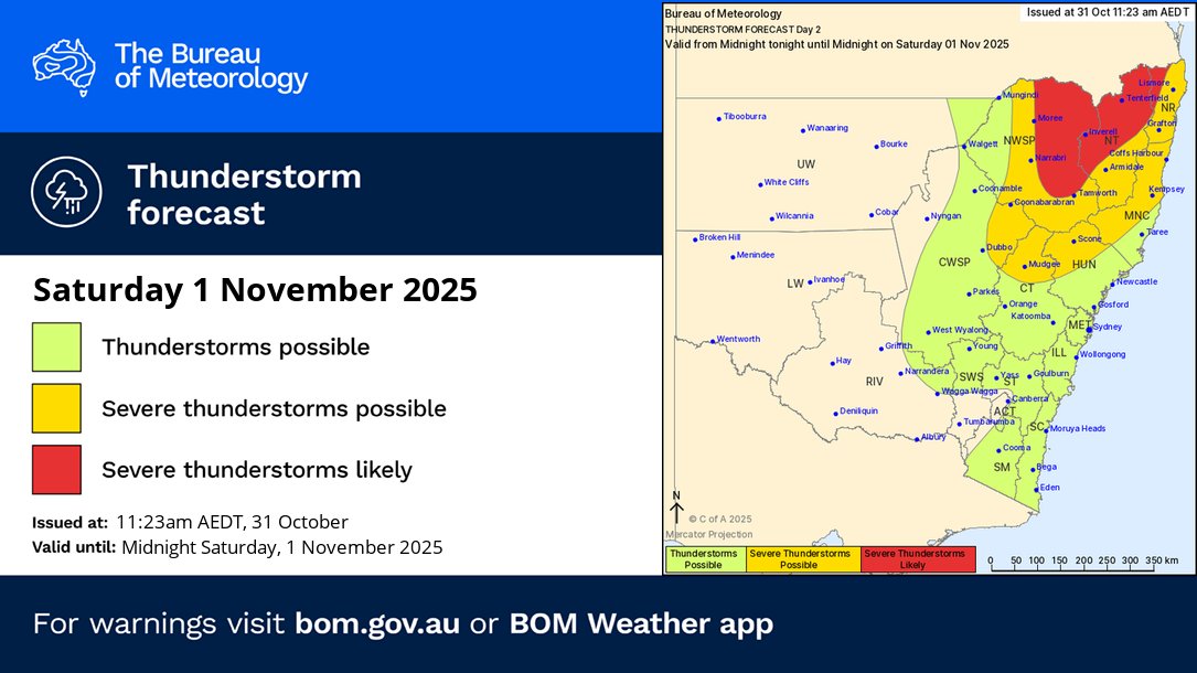 BOM_NSW's tweet photo. โ๏ธThunderstorm FORECAST for SATURDAY (1/11):
๐กSevere thunderstorms with damaging winds, large hail, heavy rain a risk for central & northeast #NSW
๐ดVery dangerous storms with giant hail, destructive winds, intense rain possible north of #Armidale
https://t.co/GCvEIDhyhT https://t.co/D4A7JP08V8