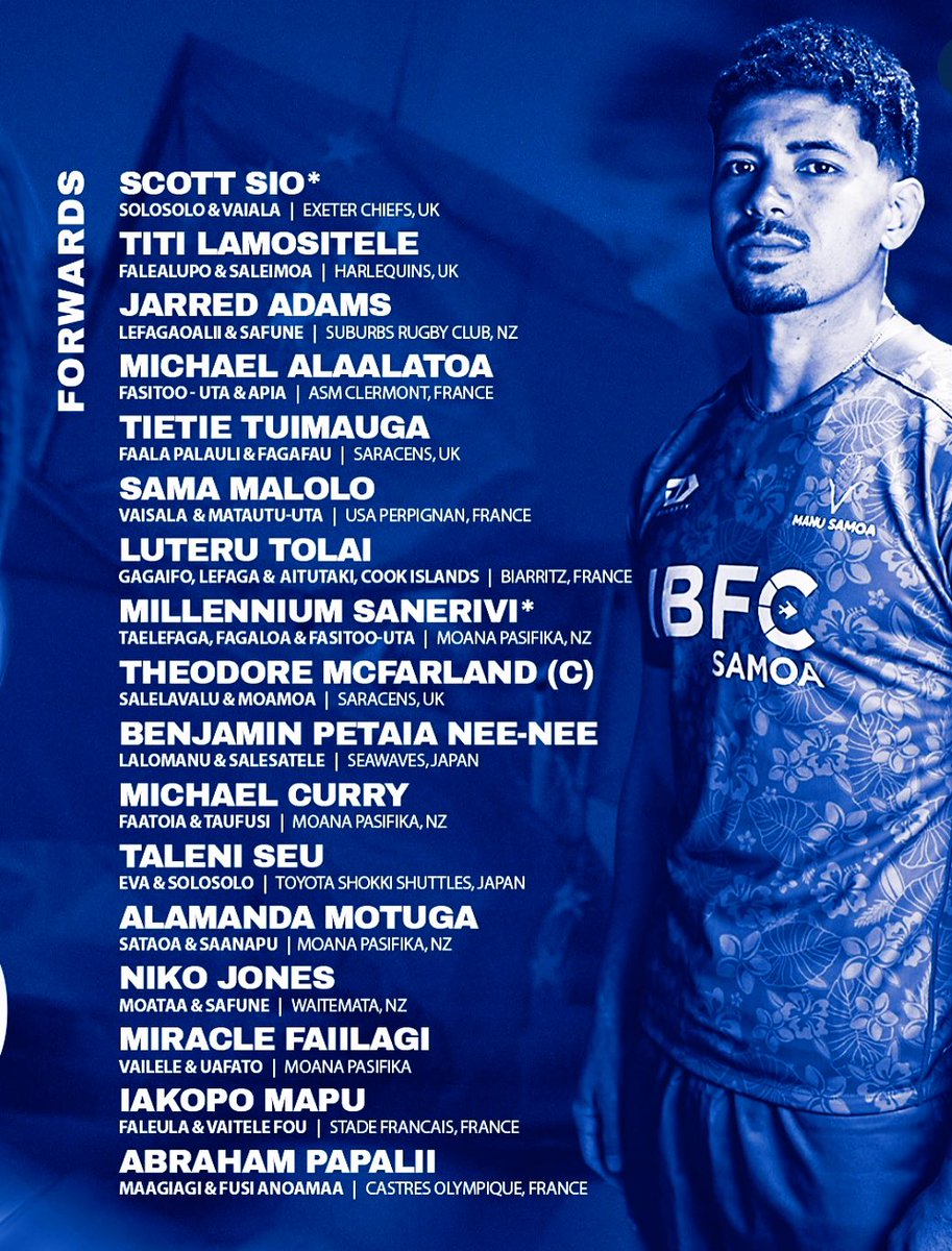#Rugby 

SAMOA lleva toda su artillería para ganar claramente el Repechaje Internacional en Dubai 

Con este equipo, se convertirán en el 24to clasificado a #RWC2027 

SCOTT SIO es una de las caras nuevas. El expilar de Wallabies sigue los pasos de su padre David que jugó RWC 91