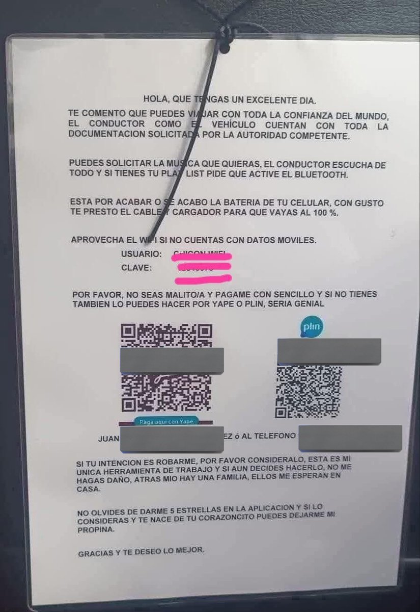 gastongaviola's tweet photo. Comunicado de un chofer en los asientos de su taxi. Descorazonador, más allá de la buena onda con la que se combatir el miedo. Si decides robarme, por favor no me mate$. https://t.co/n2zJgR5rgx