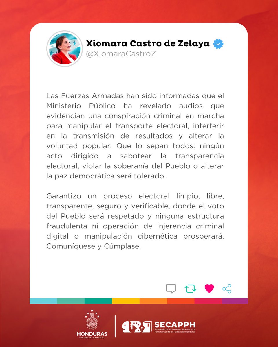 SECAPPH's tweet image. #SecapphInforma | 💬🇭🇳 La Presidenta @XiomaraCastroZ, en su condición de Comandante General de las Fuerzas Armadas, instruye poner a disposición del Consejo Nacional Electoral (CNE) a las Fuerzas Armadas, para garantizar la seguridad, la transparencia y el respeto a la voluntad…